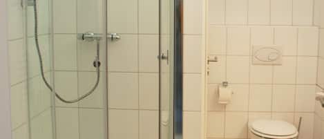 A glass-enclosed shower stall with a handheld showerhead, a white toilet, and a towel hanging on the shower door.