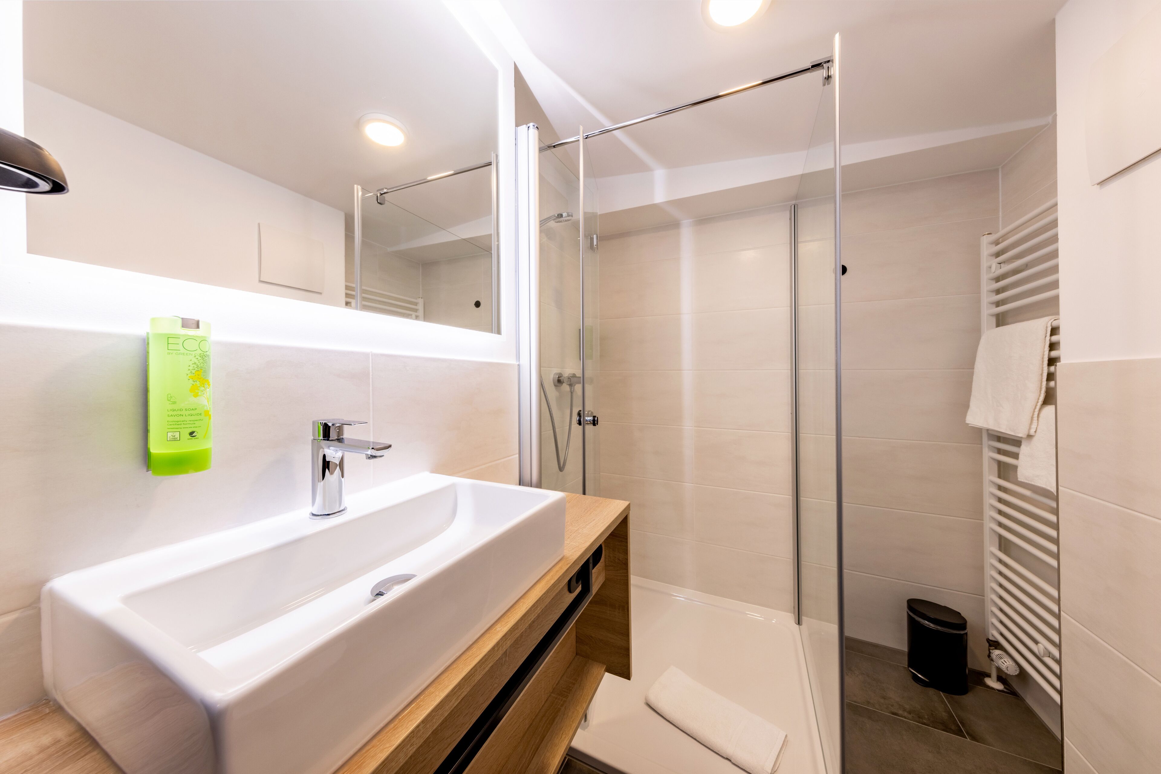 A modern bathroom with a large sink, glass shower enclosure, and a towel rack.