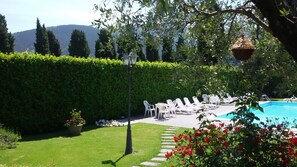A pool area with lounge chairs and a hedge. - Villa Del Papa (Lucca)
