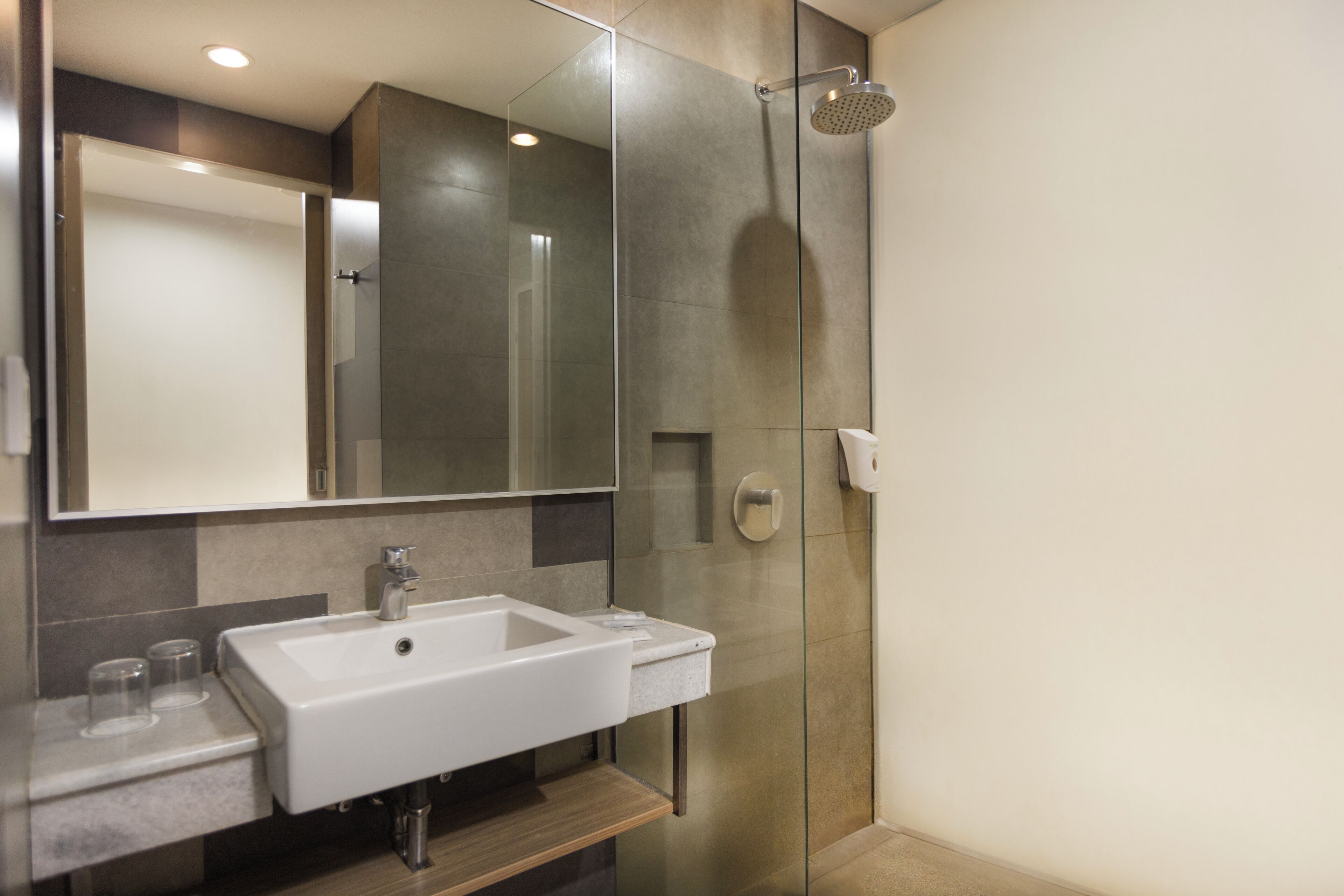 A modern bathroom with a glass-enclosed shower, a white sink, and a large mirror.