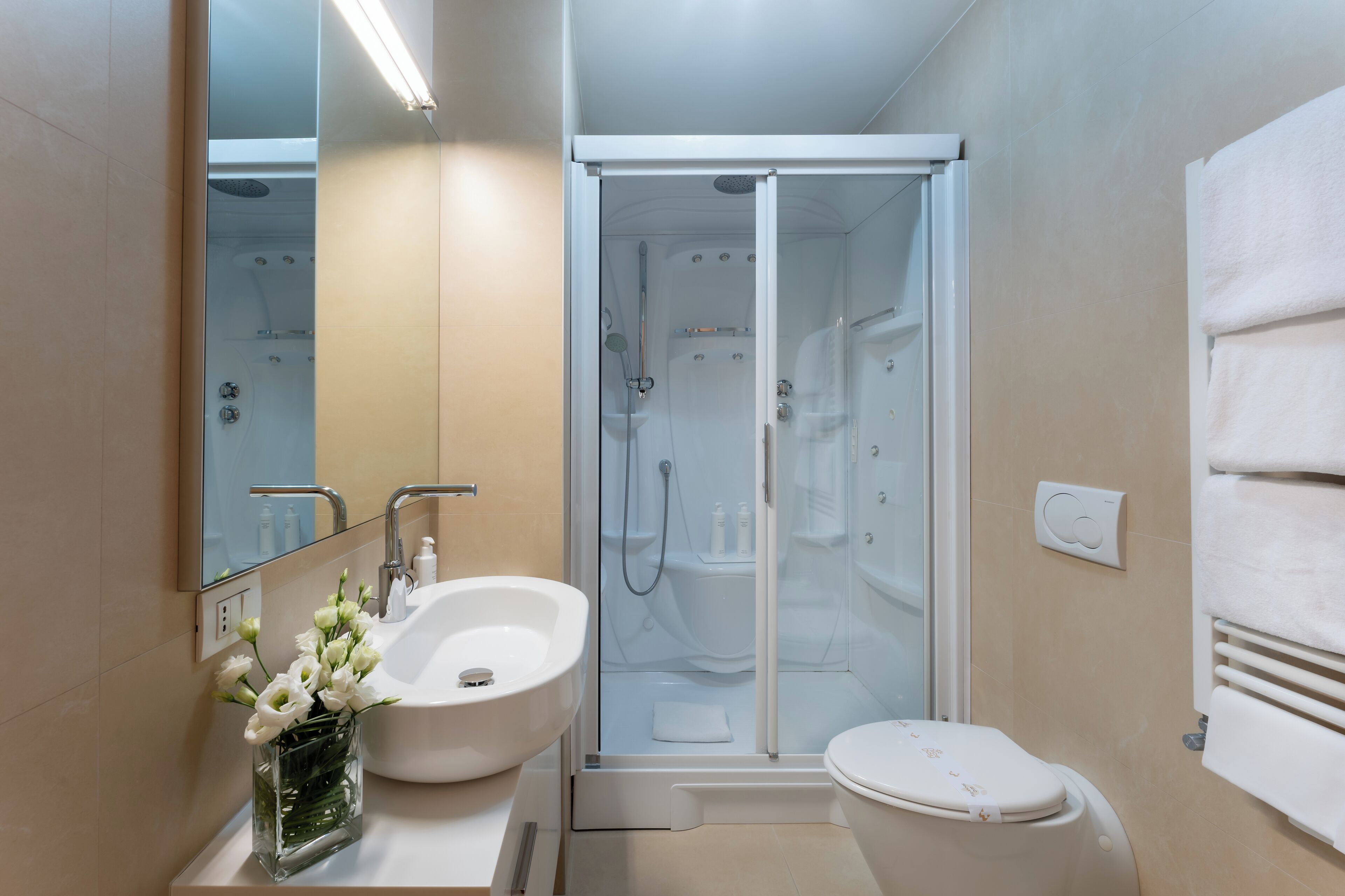 A modern bathroom with a glass-enclosed shower, a white sink, and a toilet.