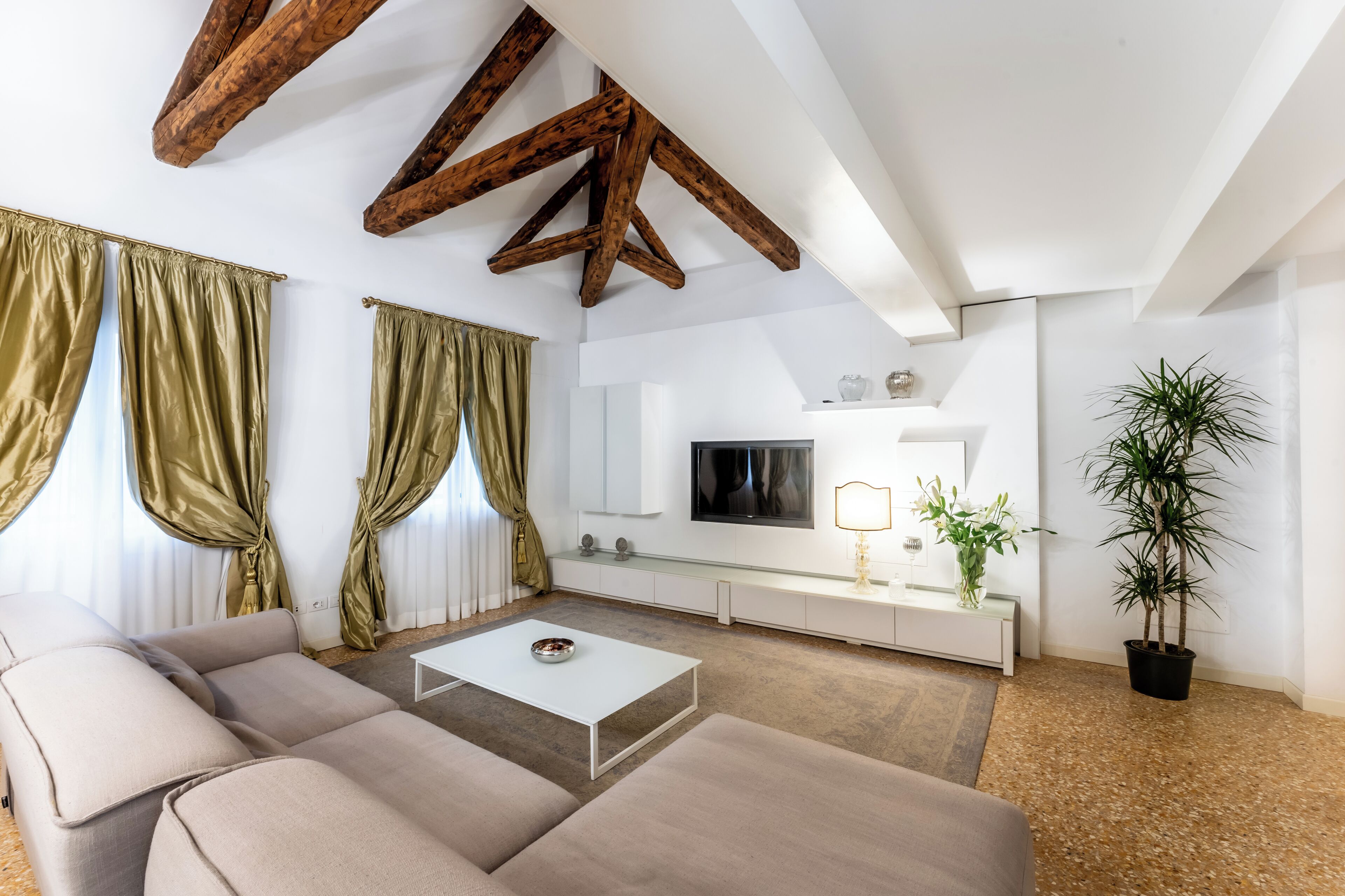 Una sala de estar moderna con un sofá, una mesa de centro, un televisor y una planta en maceta.
