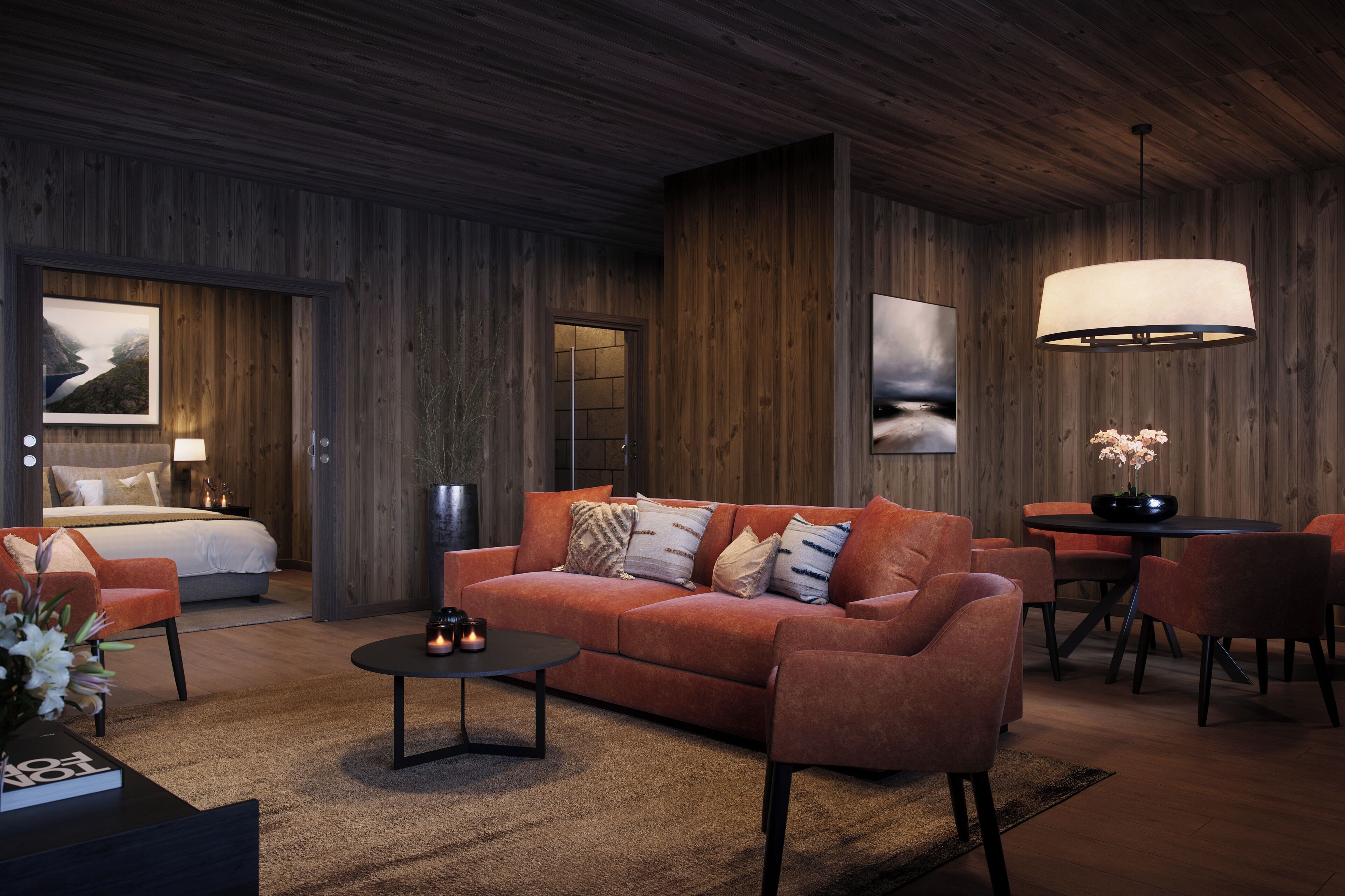 Flat-screen TV, fireplace