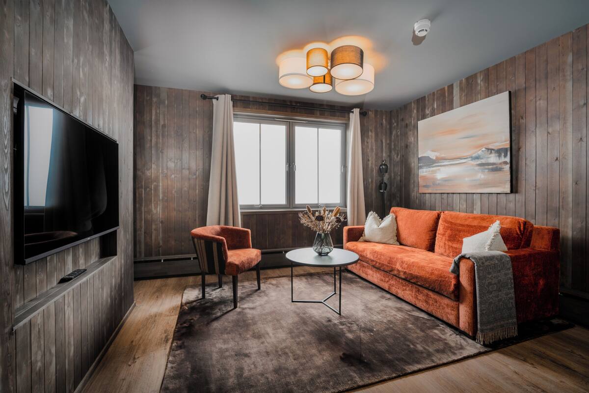 Un salon moderne avec un tél éviseur, un canapé et une table basse.