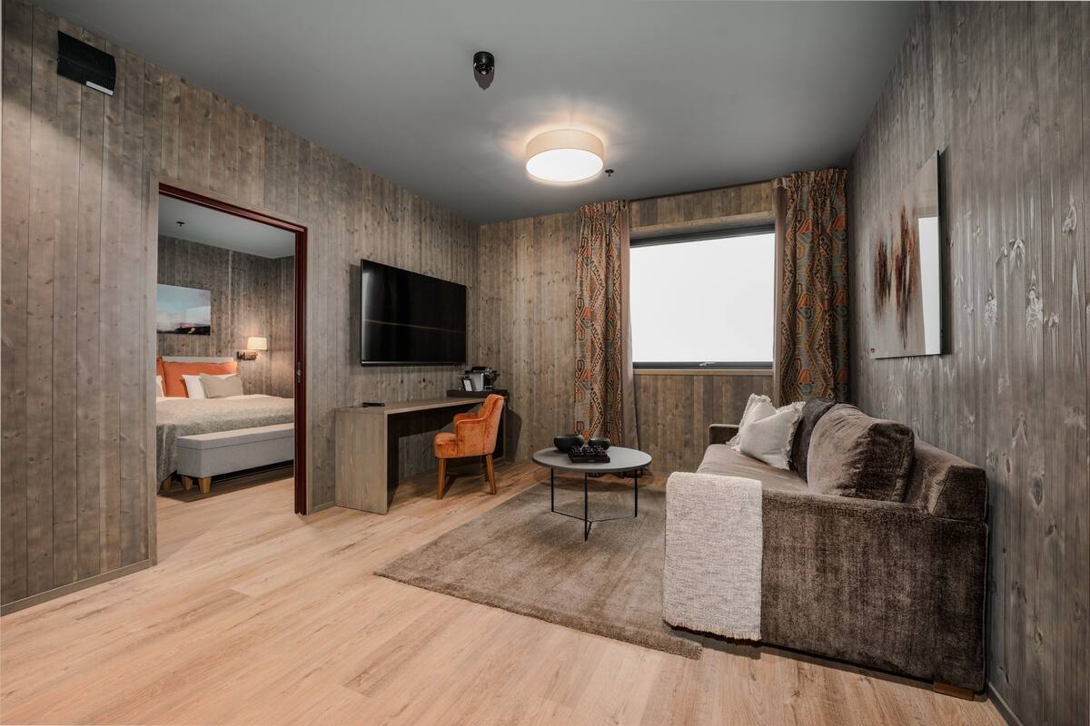 Une chambre moderne avec un mur en bois, un canapé, une télévision, un bureau et un lit.