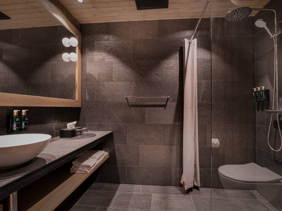 A modern bathroom with a large sink, a shower, and a toilet.