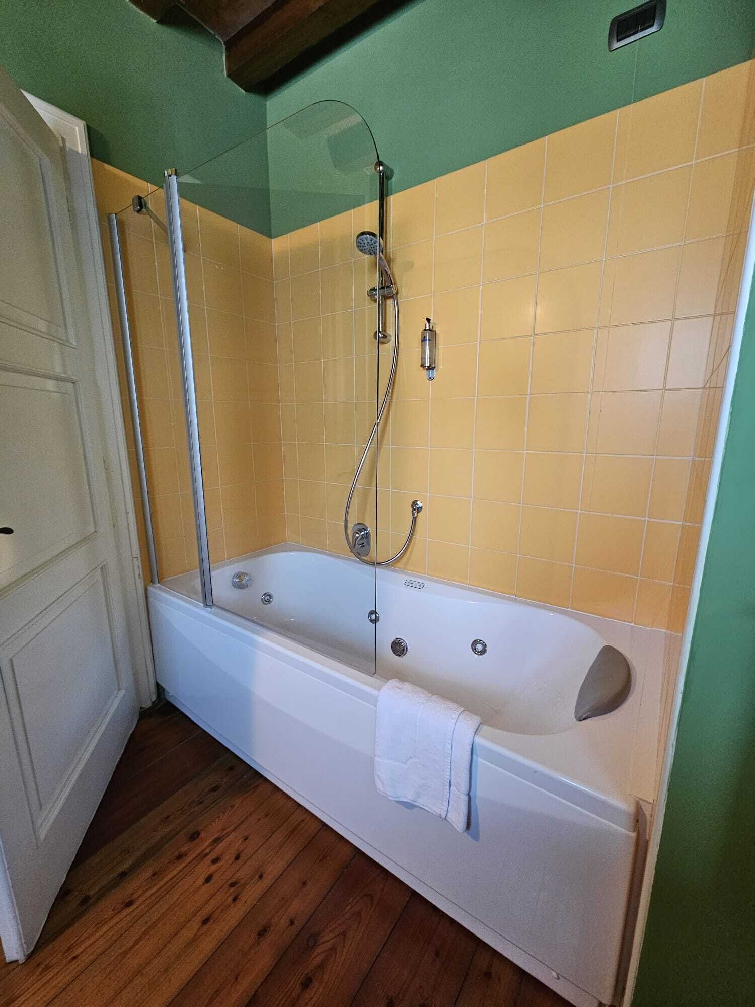 Une salle de bain avec une baignoire, une douche et des toilettes.