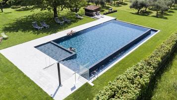 Seasonal outdoor pool, pool loungers