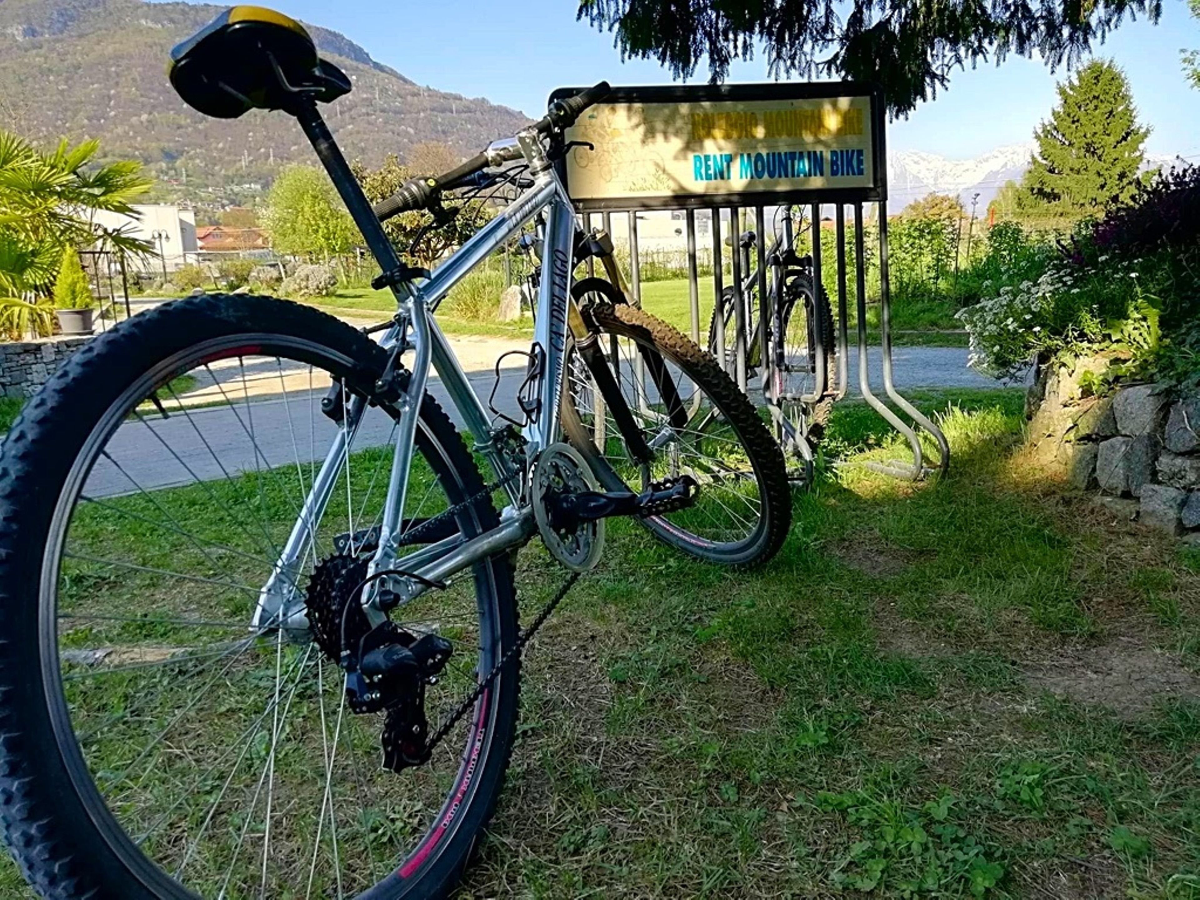 A mountain bike rental sign with a bicycle parked in front.