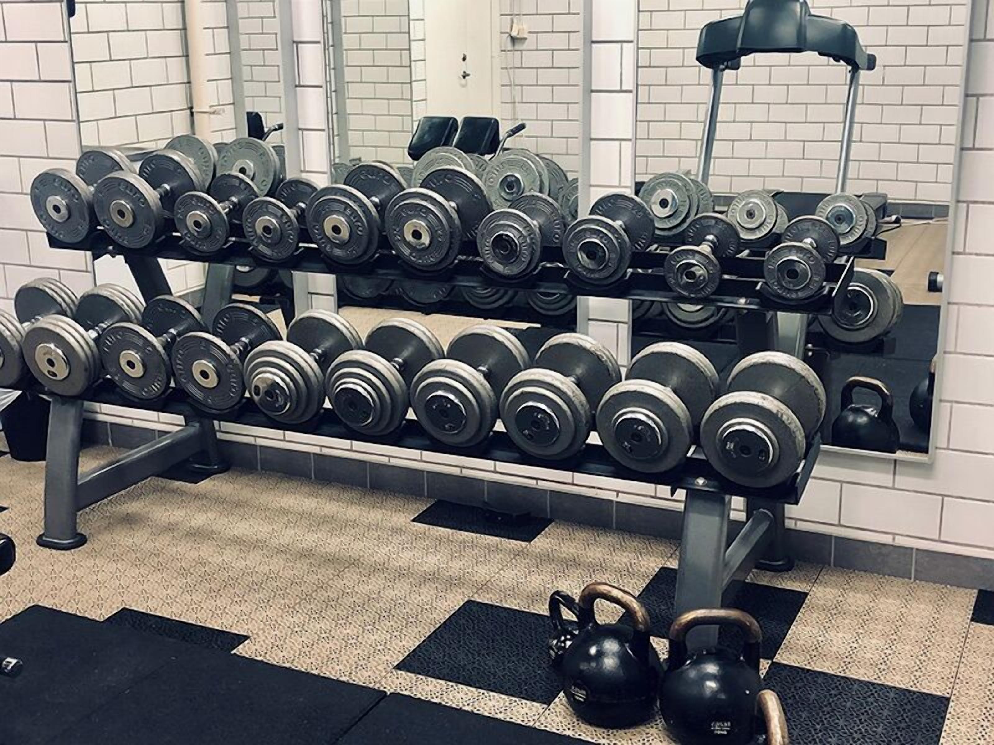 A gym with a rack of dumbbells and kettlebells.