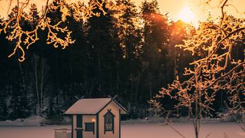 Pieni mökki, jossa on kalteva katto ja savupiippu, ja sen ympärillä on lumipeitteistä maastoa ja puita.