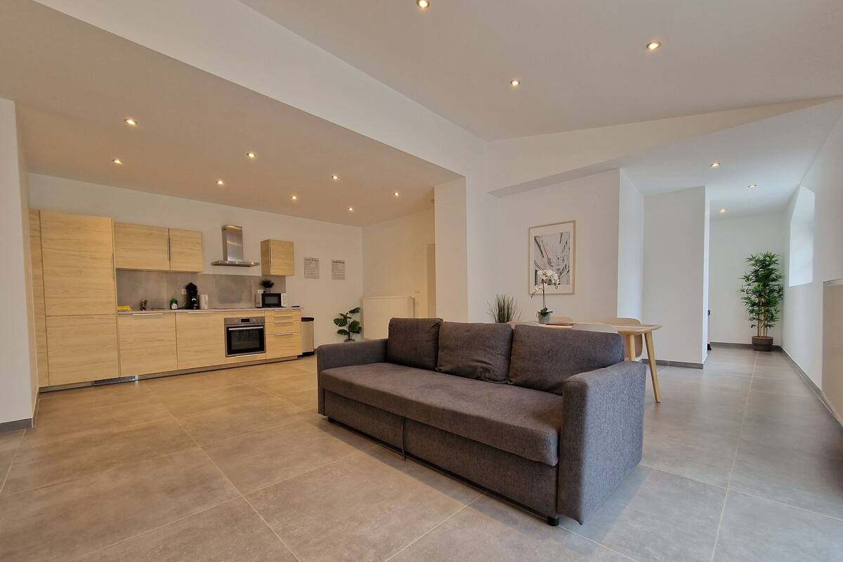 A modern living room with a sofa, a dining table, and a kitchen area with wooden cabinets and appliances.