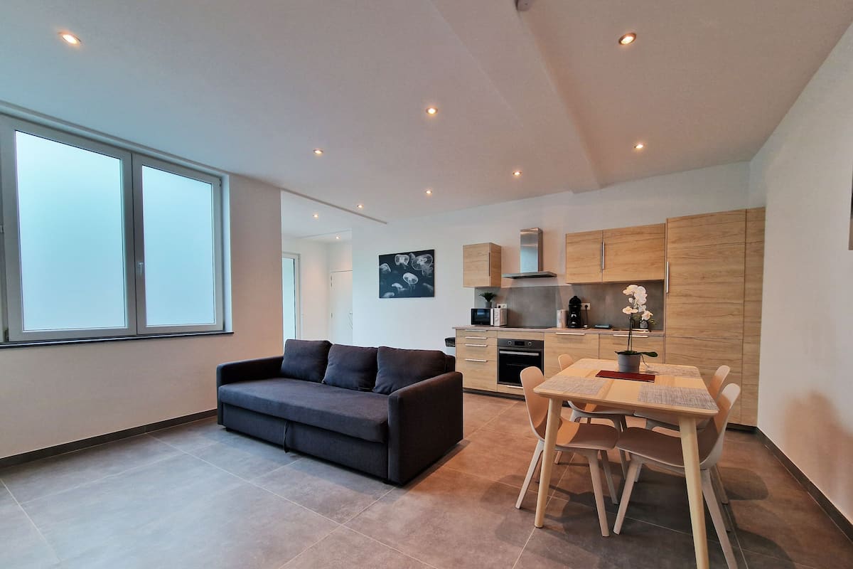 A modern apartment with a living room, dining area, kitchenette, and large windows.