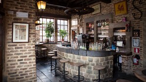 A bar area with stone walls, wooden beams, and bar stools. There are potted plants and a variety of bottles on the shelves. - Appart-Hotel Léopold Liège Centre (Liege)