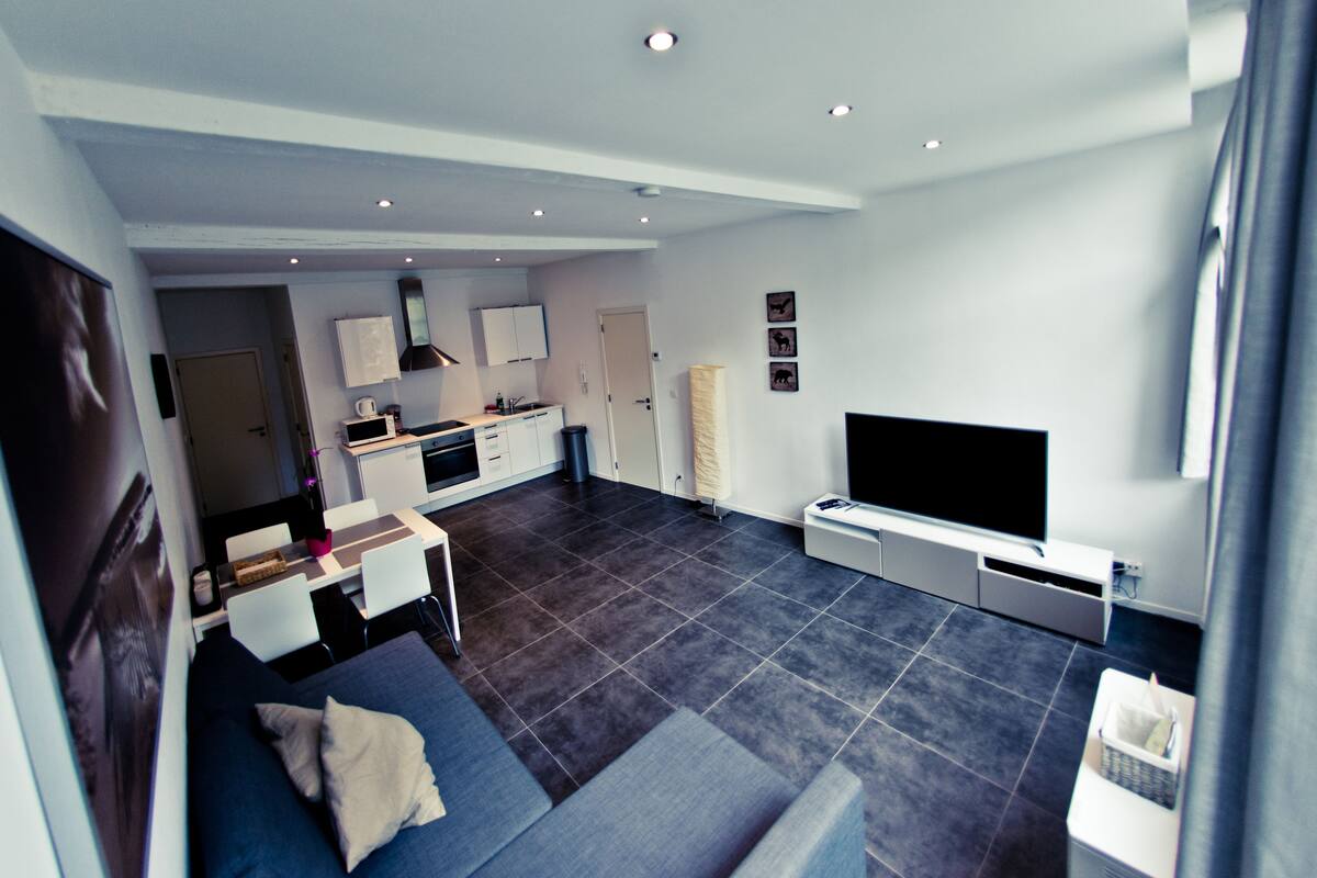 A modern living room with a sofa, a flat-screen TV, and a kitchen area with cabinets and a countertop.