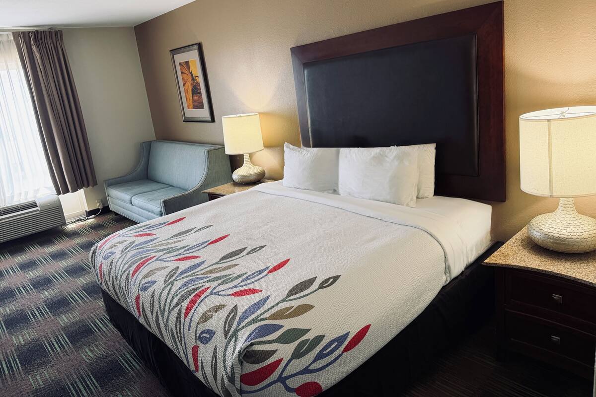 Quarto de hotel com uma cama, escrivaninha, cadeira, abajur e um quadro na parede.