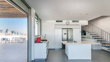 Premium Penthouse, 2 Bedrooms, Terrace, Beach View | Private kitchen | Full-sized fridge, microwave, oven, dishwasher
