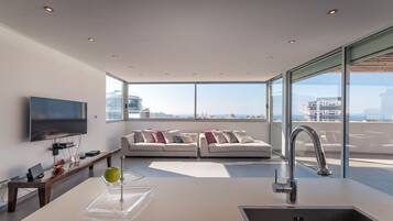 Premium Penthouse, 2 Bedrooms, Terrace, Beach View | Living area | Flat-screen TV