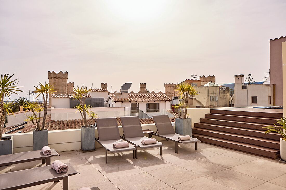 Eine Dachterrasse mit Lounge-Möbeln, Topfpflanzen und Blick auf historische Gebäude.