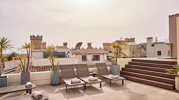 Eine Dachterrasse mit Lounge-Möbeln, Topfpflanzen und Blick auf historische Gebäude.