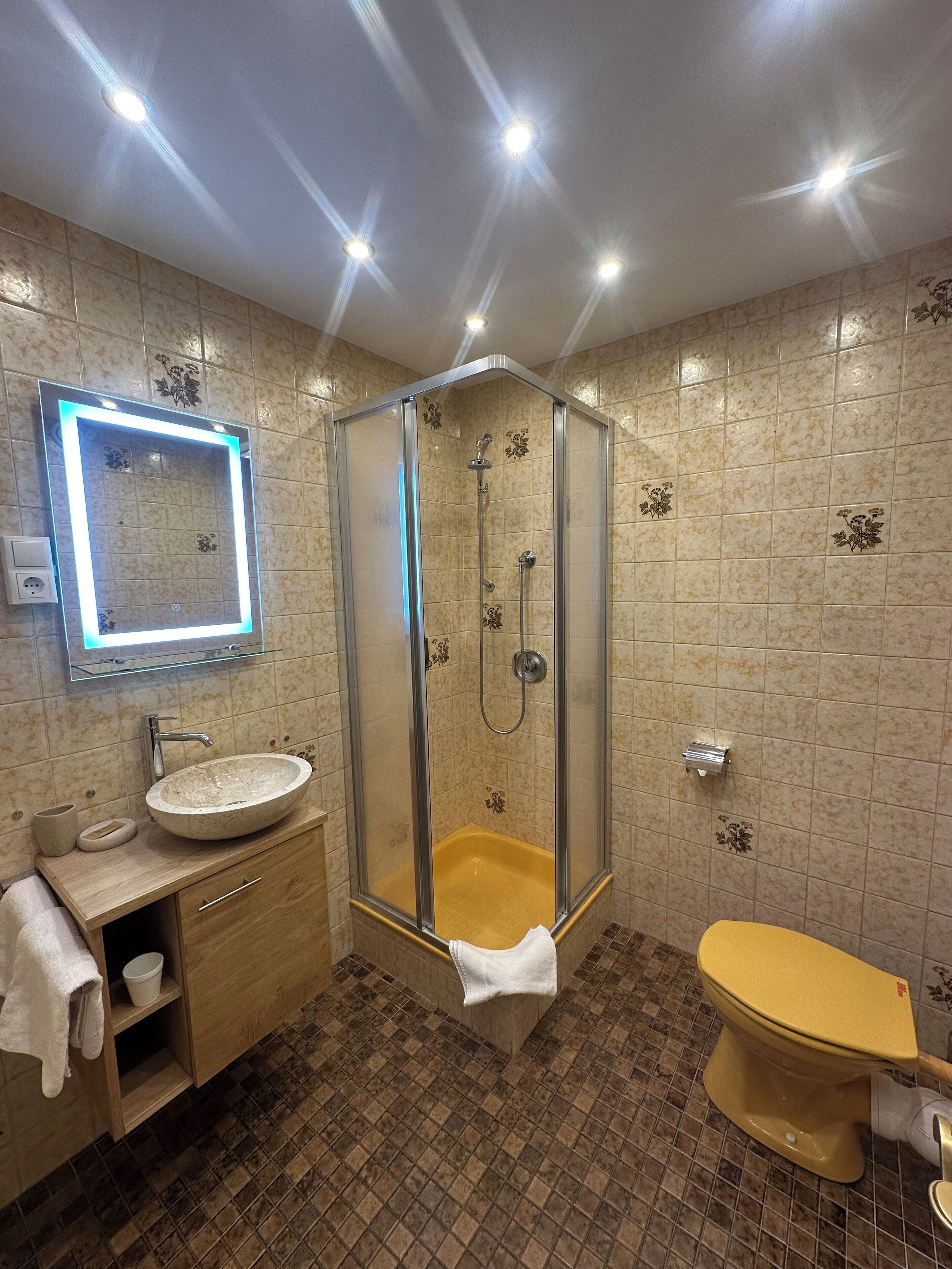 Une salle de bain avec une douche à parois de verre, un lavabo avec un miroir au-dessus et des toilettes.