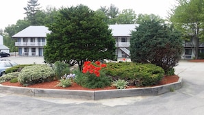 A landscaped garden with various shrubs and flowers, a wooden border, and two-story buildings in the background. - Seabrook Inn (Seabrook)