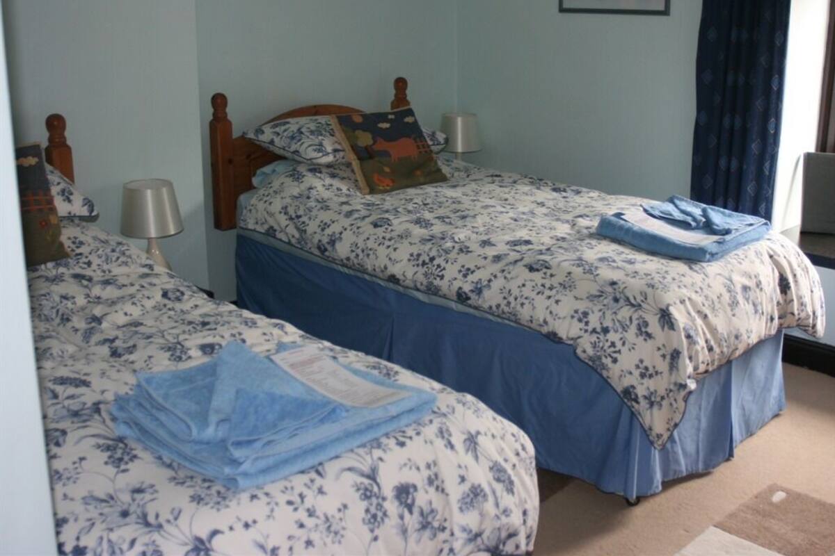 Une chambre avec deux lits, chacun doté d’une tête de lit en bois, d’une couvre-lit à motifs floraux bleus et blancs, et d’une couverture bleue sur l’un des lits.