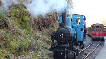 Une locomotive à vapeur sur des rails, avec un wagon de voyageurs rouge.
