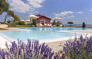 A swimming pool with lounge chairs and umbrellas, surrounded by lavender plants and a red building with a door and windows. - Locanda Rossovino (Tuscania)