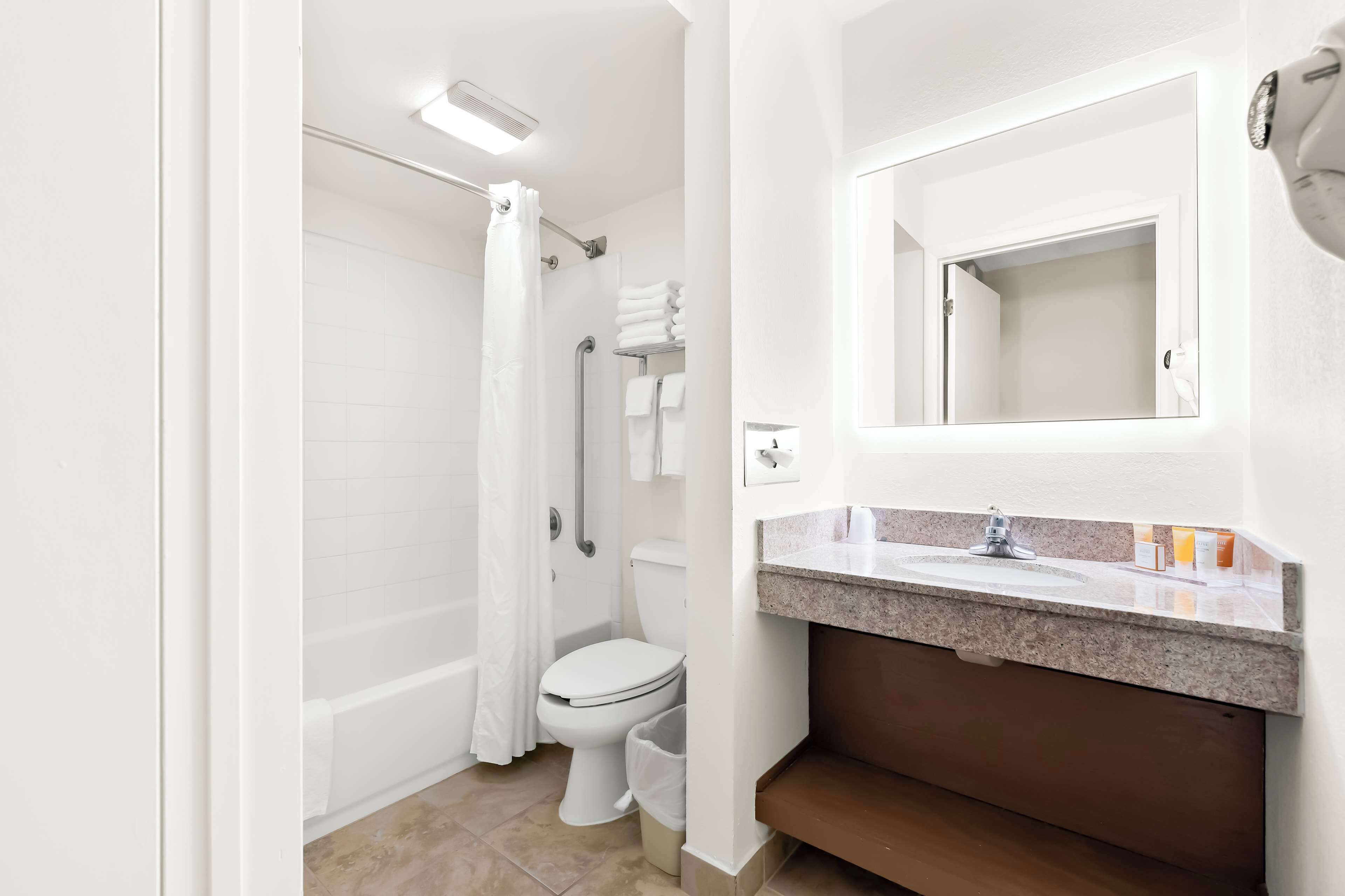Une salle de bain moderne équipée d’une douche, de toilettes et d’un lavabo.