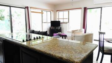 Full-sized fridge, microwave, stovetop, dishwasher
