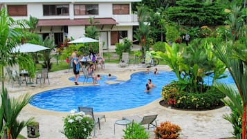 Outdoor pool, pool umbrellas, pool loungers