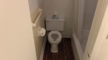 Un bagno piccolo con il water, un portasciugamani per carta igienica e una tenda per la doccia.