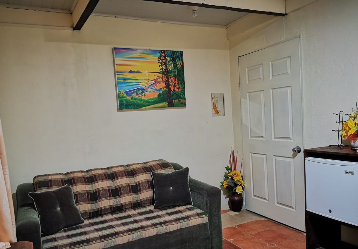 Una habitación con un sofá a cuadros, un cuadro de un paisaje, una puerta y un mueble pequeño.