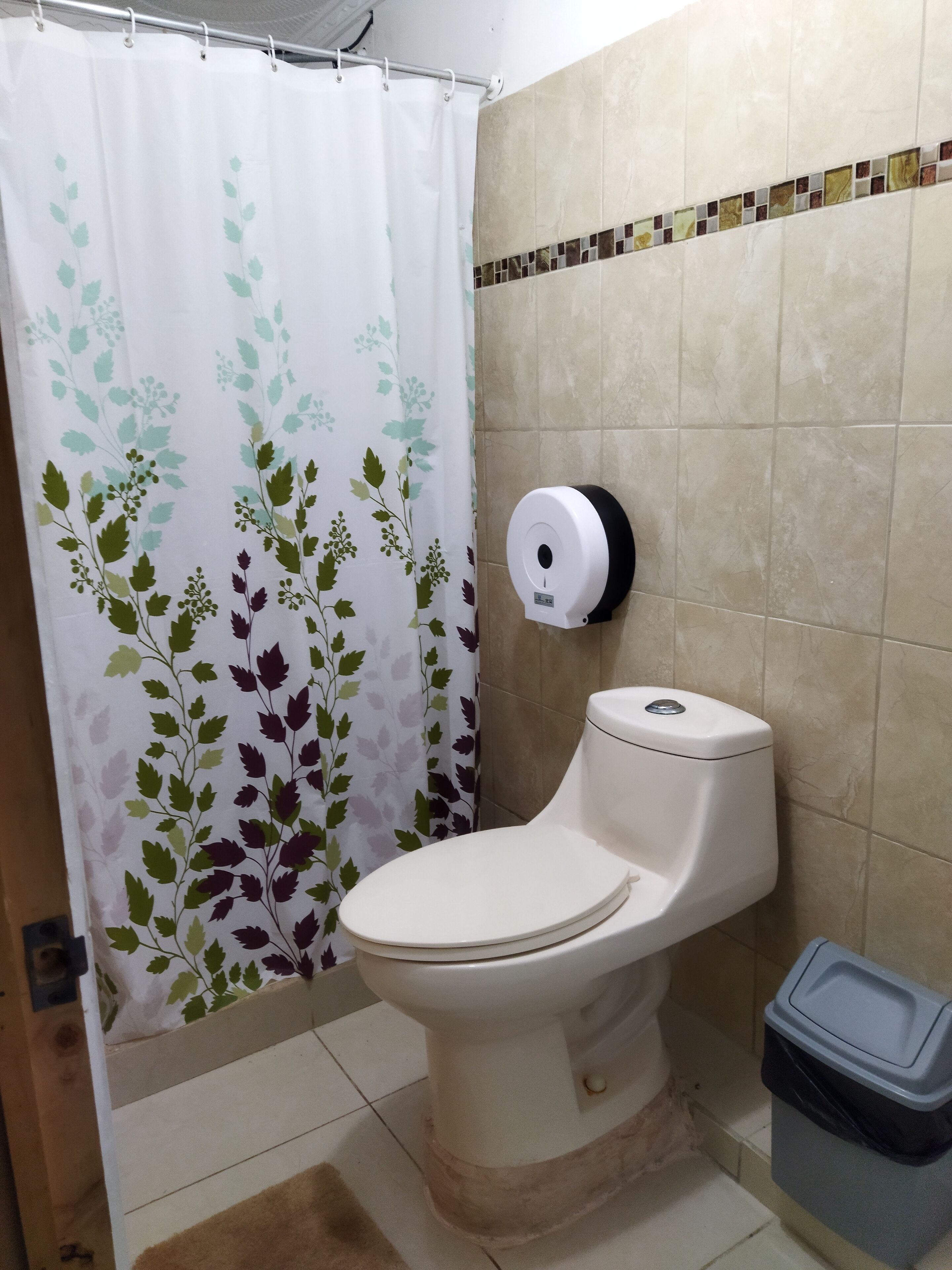 Une salle de bain équipée de toilettes, d’un distributeur d’essuie-tout, d’une poubelle et d’un rideau de douche à motifs floraux.