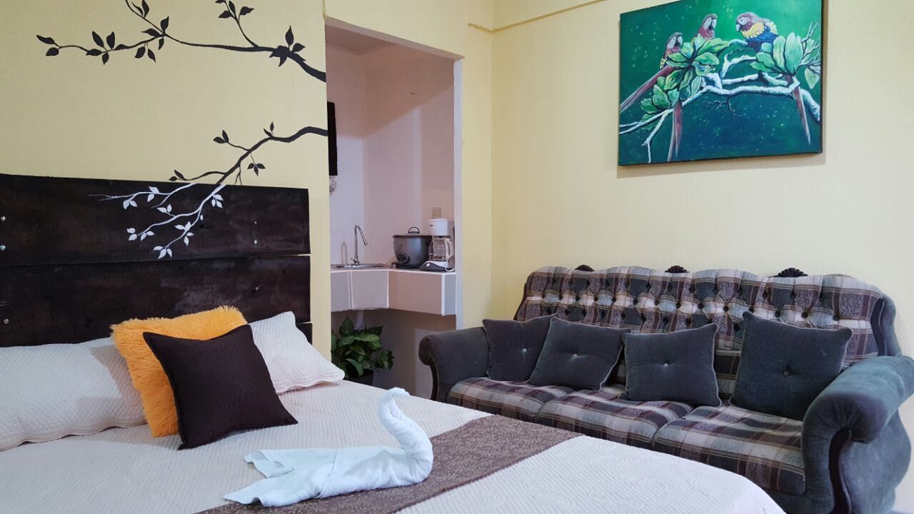 Une chambre avec un lit, un canapé, un tableau et un coin cuisine.