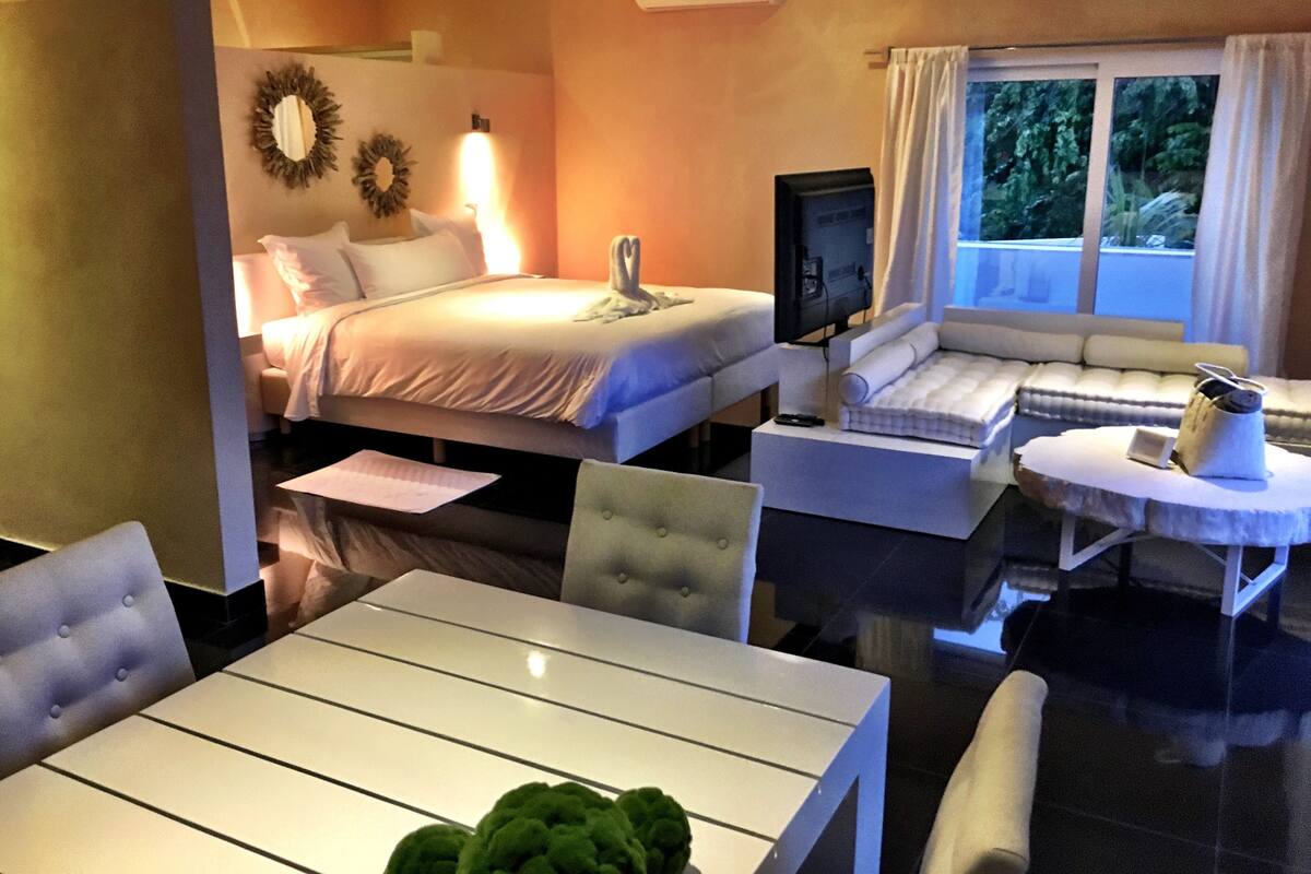 Une chambre d’hôtel avec un lit, une télévision, un canapé, une table et une fenêtre avec des rideaux.