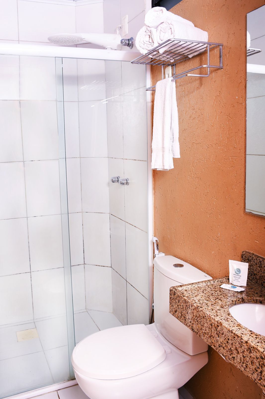 Un baño con ducha de vidrio, inodoro blanco, encimera de granito y toallero con toallas dobladas.