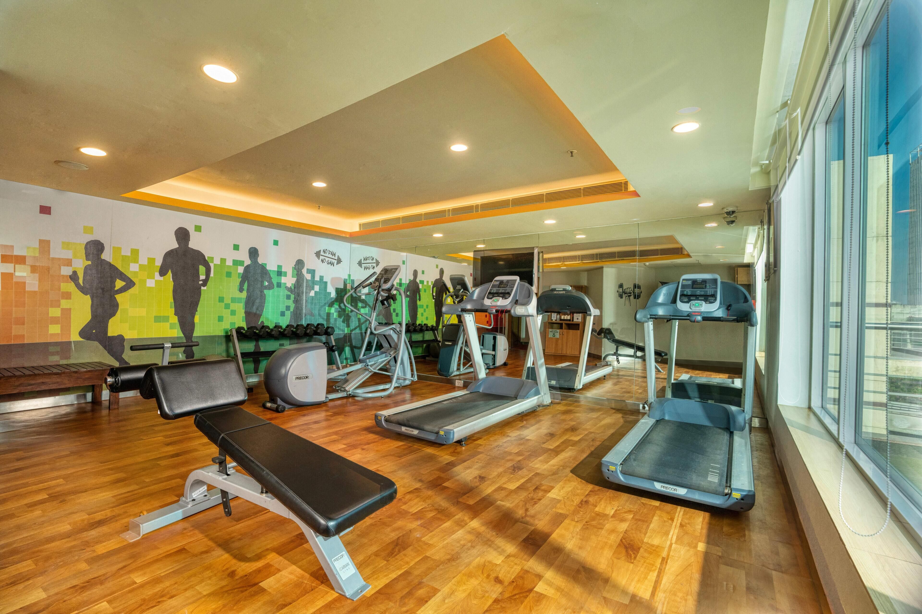 A gym with treadmills, elliptical machines, and free weights.