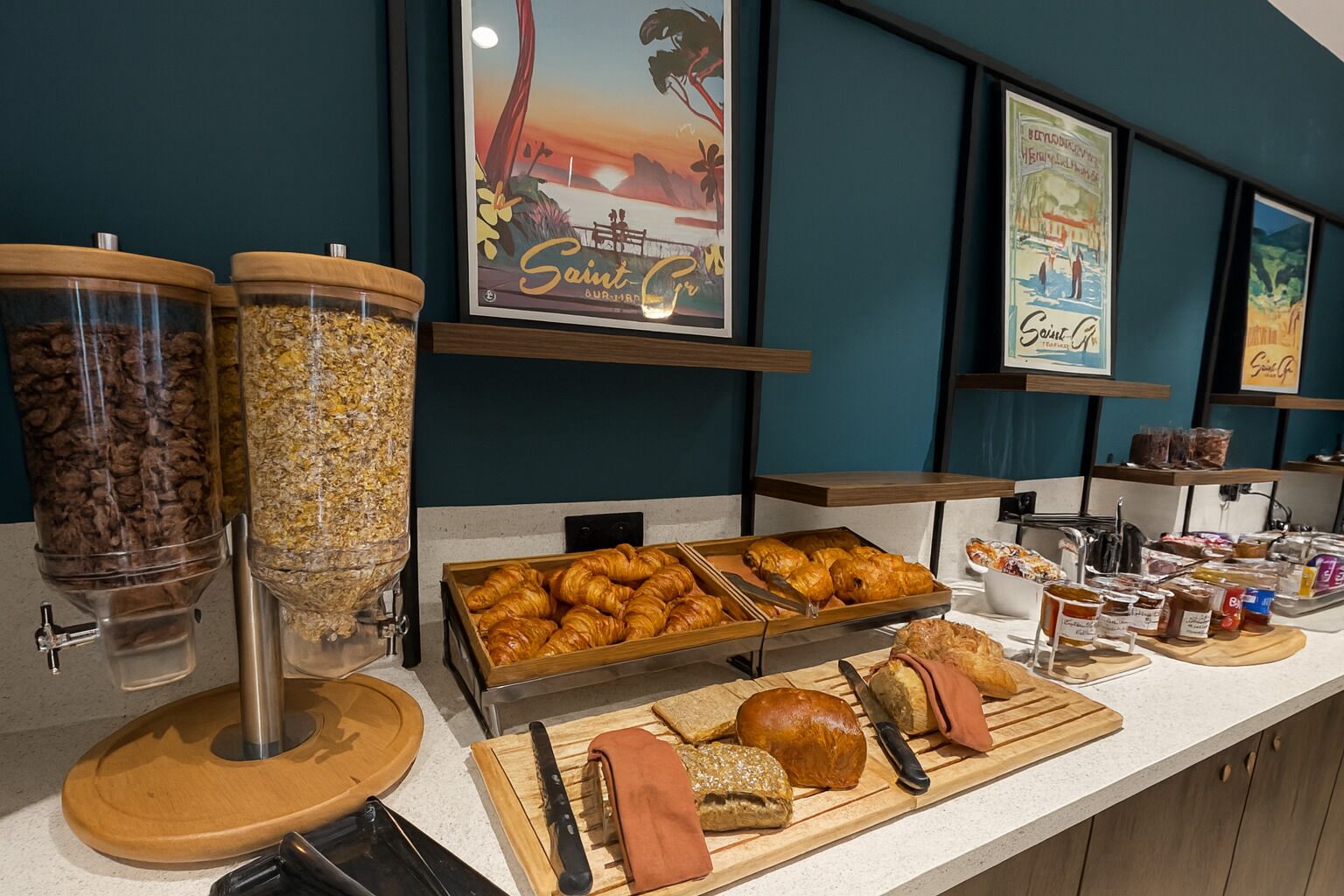 A breakfast buffet with various food items and condiments.
