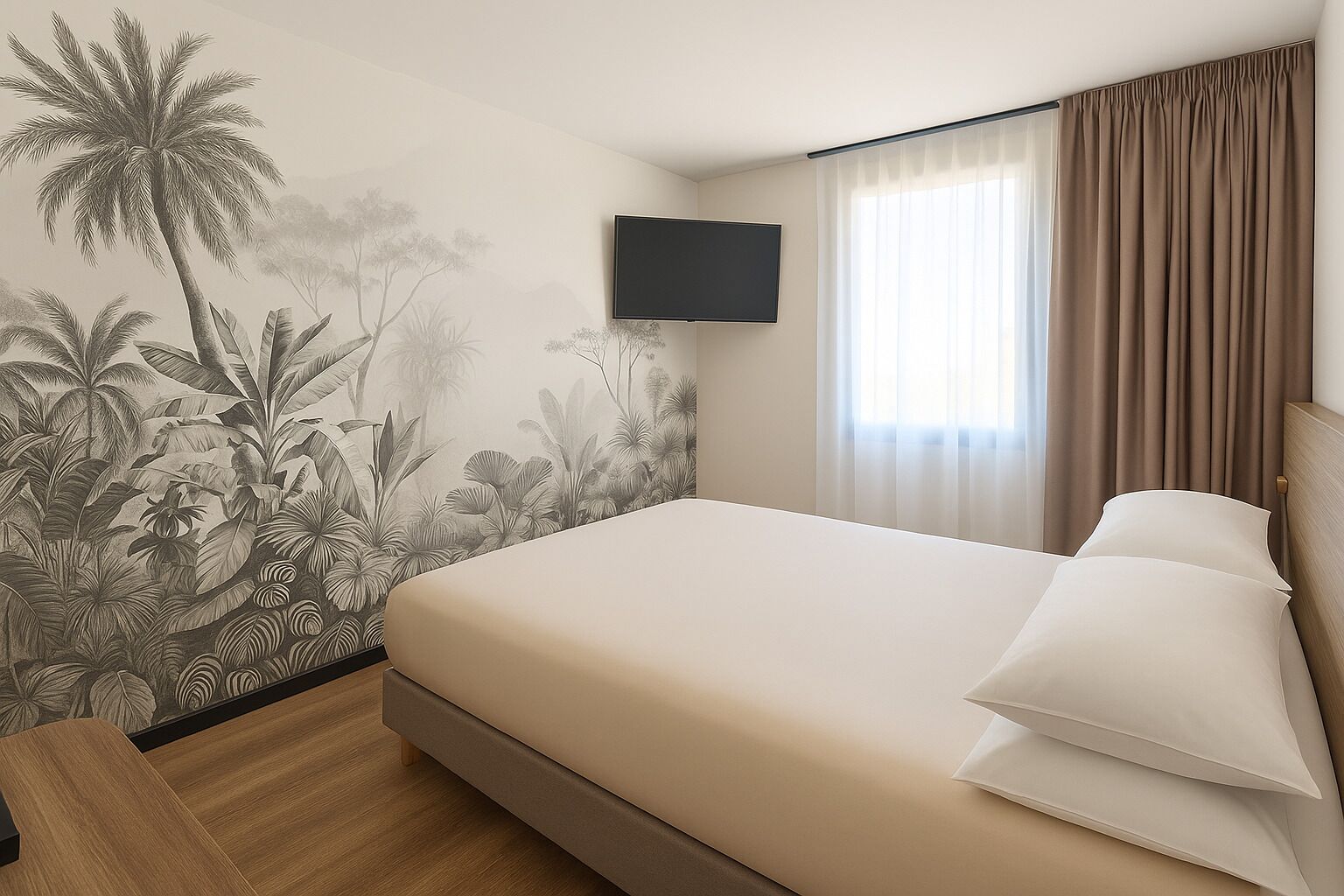 A hotel room with a bed, a TV mounted on the wall, and a large window with curtains.