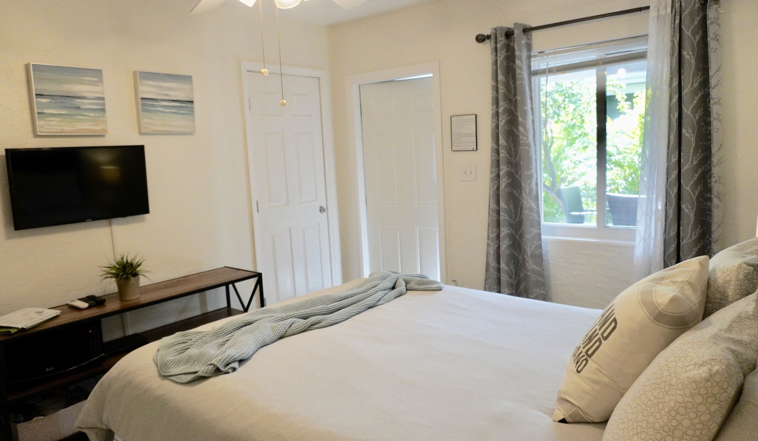A bedroom with a bed, a television, a desk with a plant, and a window with curtains.