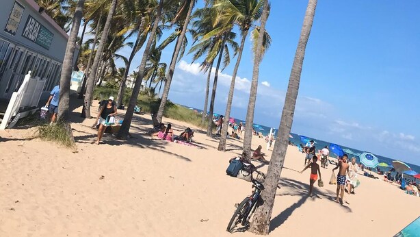 Ein Strand mit Palmen, ein Gebäude mit einem Schild und entspannende Menschen.