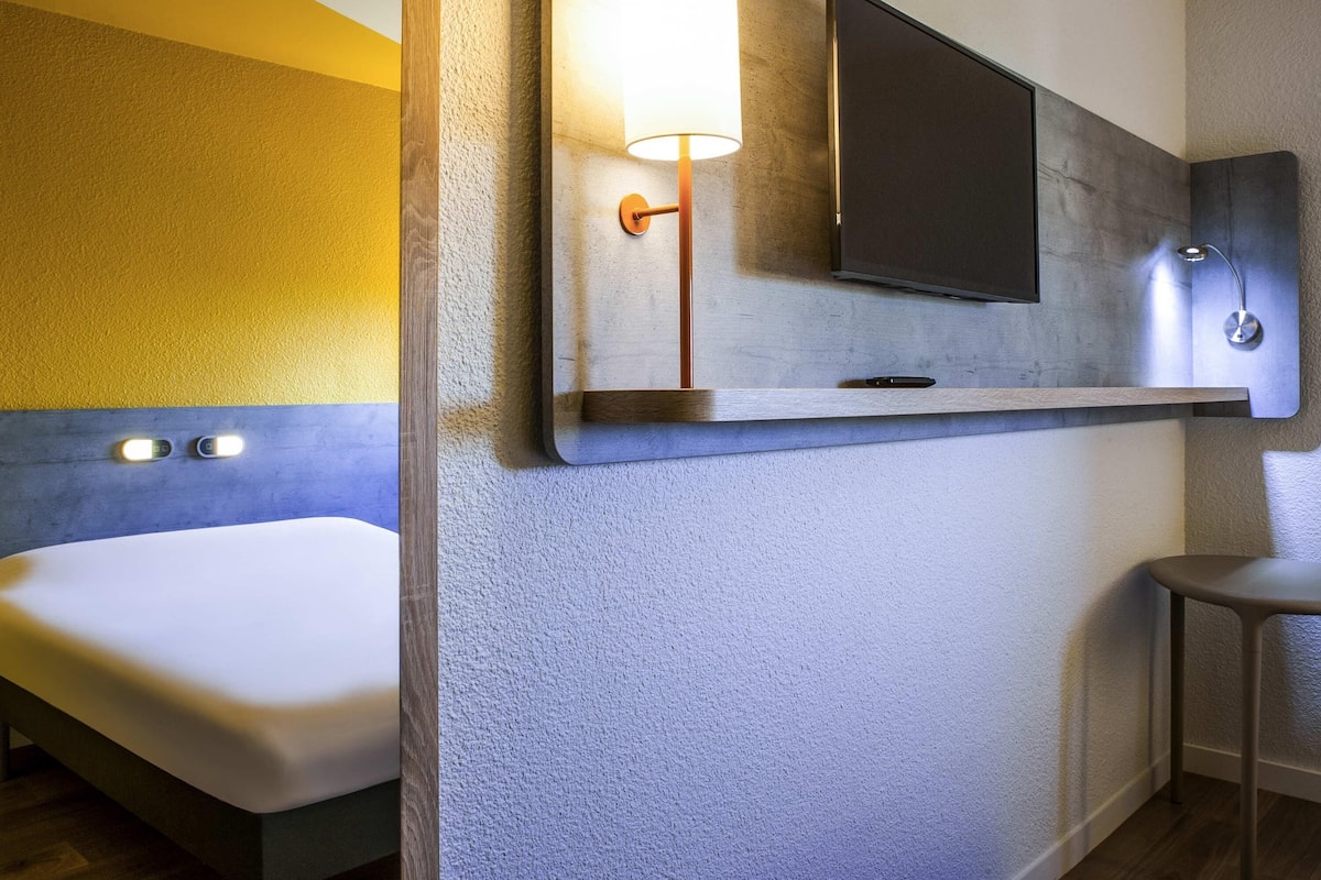 Une salle de bain moderne équipée d’un lit, d’un téléviseur fixé au mur, d’un porte-serviettes et d’un luminaire mural.