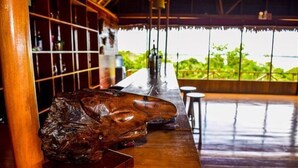 A wooden bar with a rustic design, a large wooden sculpture, and a view of greenery through large windows. - Lakshmi Ecolodge and Holistic Spa (Nauta)