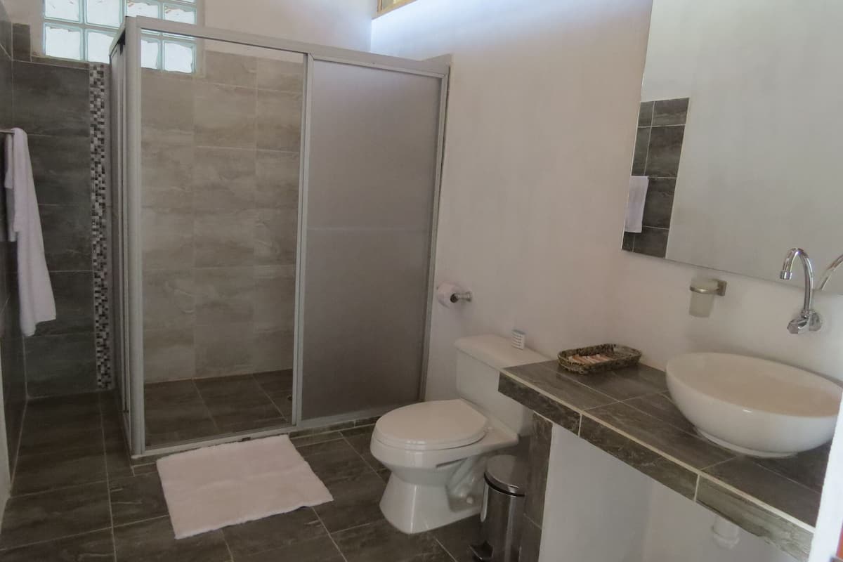 Bungalow, 1 cama doble, terraza, vistas al jardín | Baño | Ducha y artículos de higiene personal gratuitos