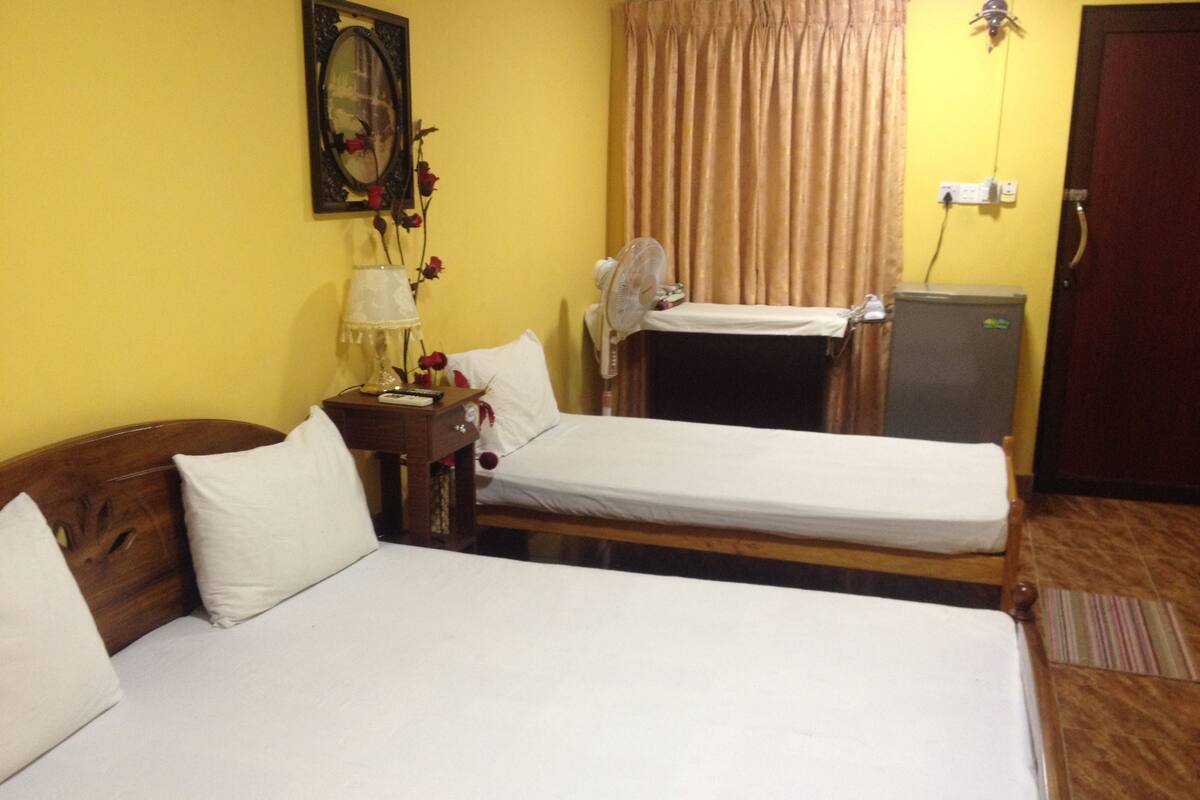 A hotel room with two single beds, a bedside table with a lamp, a fan, and a small refrigerator.