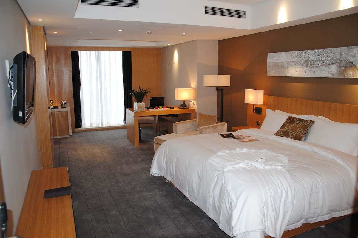A hotel room with a large bed, a desk with a computer, a TV, and a window with curtains.