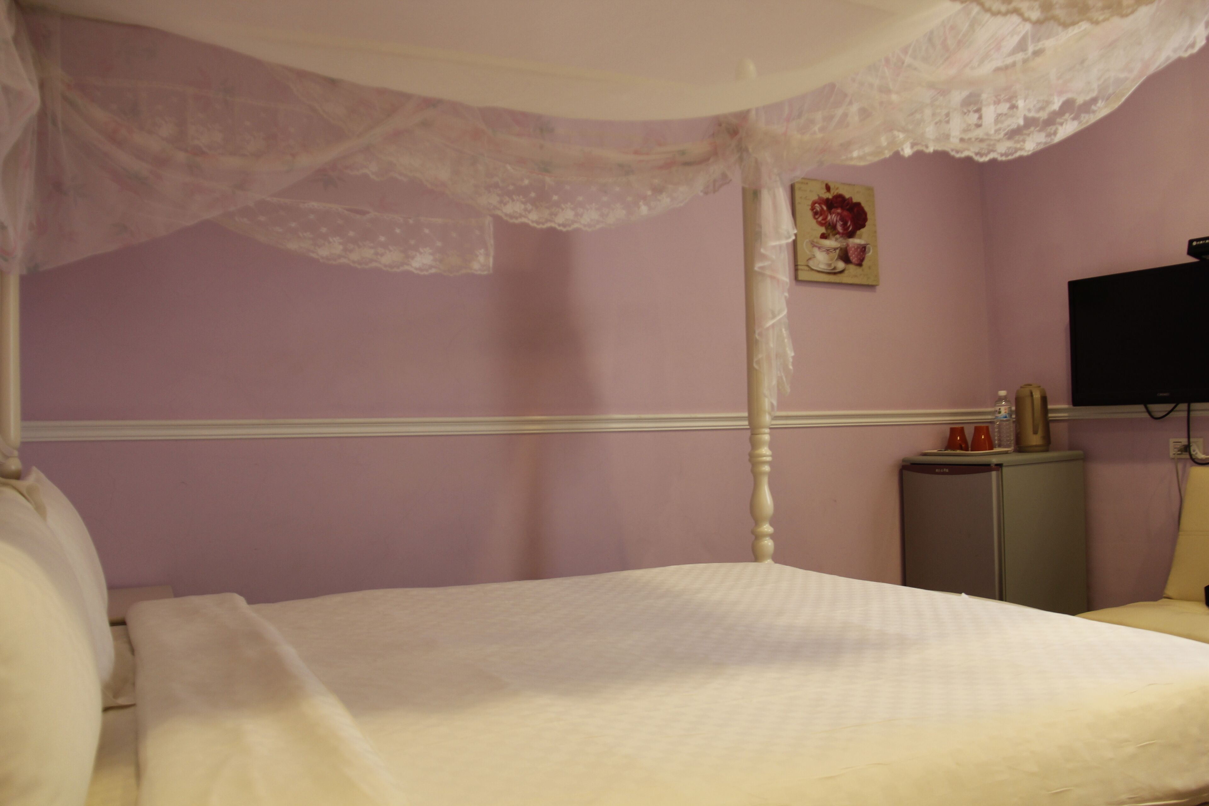 Une chambre à coucher avec un lit à baldaquin, une petite table de chevet, un téléviseur et un meuble.