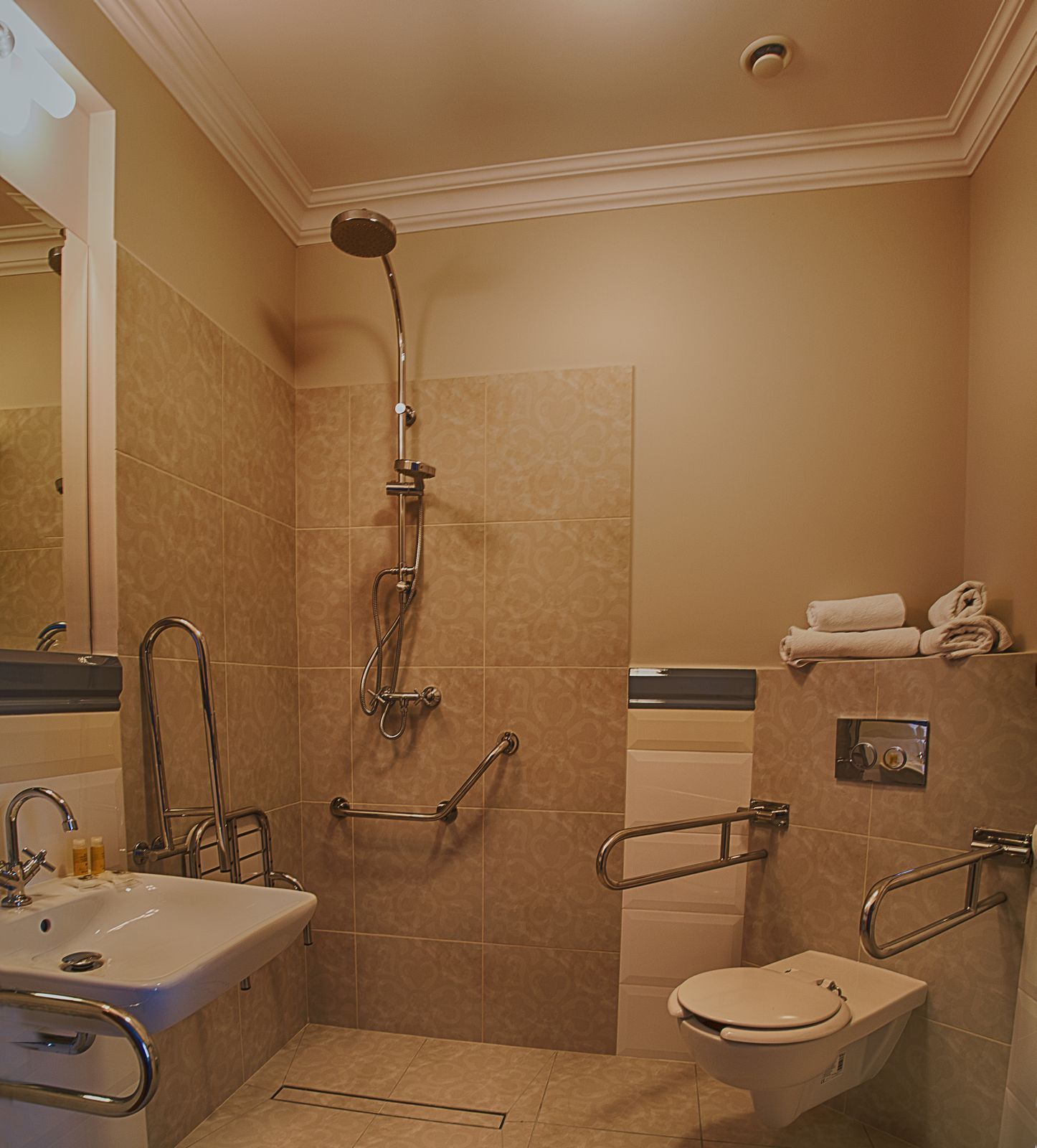 Baño con ducha, inodoro y lavamanos, equipado con barras de apoyo y un secador de manos.